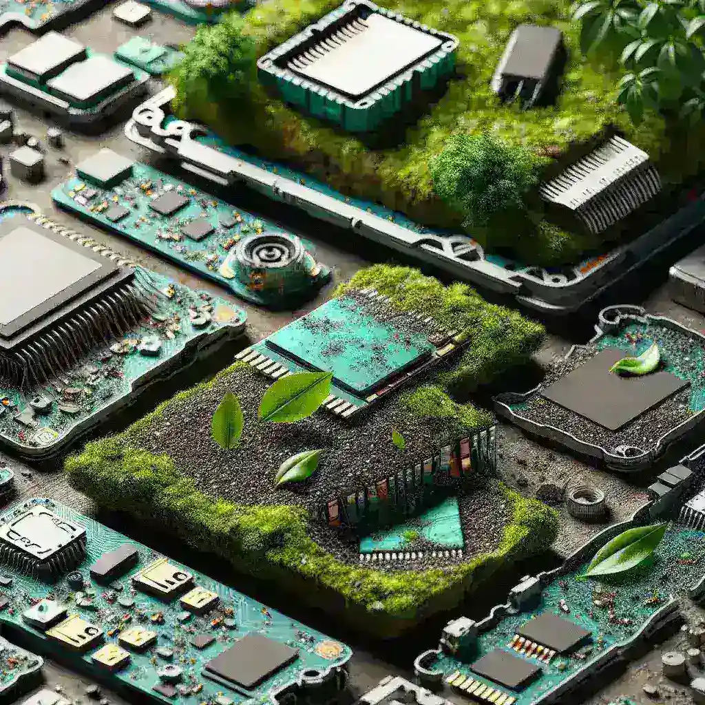 "Close-up of biodegradable electronic components designed to reduce e-waste, showcasing innovative materials and composable parts for sustainable technology solutions."