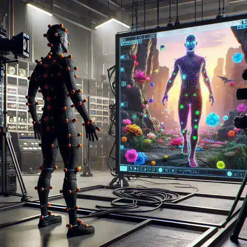 "Diagram showcasing a full-body motion capture system in action, illustrating how player movements are translated into virtual environments for enhanced gaming experiences."