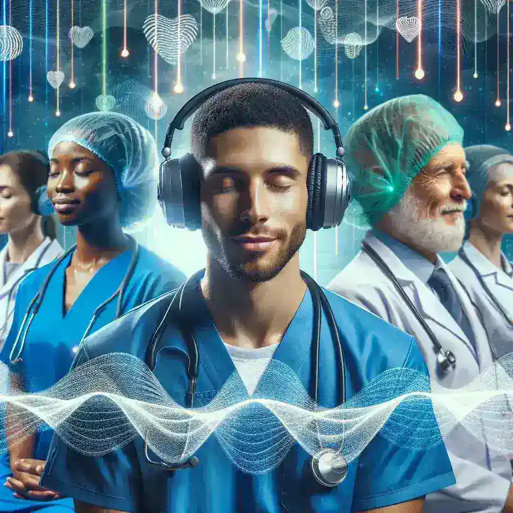 "Healthcare professionals discussing Spotify's AI-powered sound therapy integration for hospitals, highlighting innovation in patient care and mental health support."